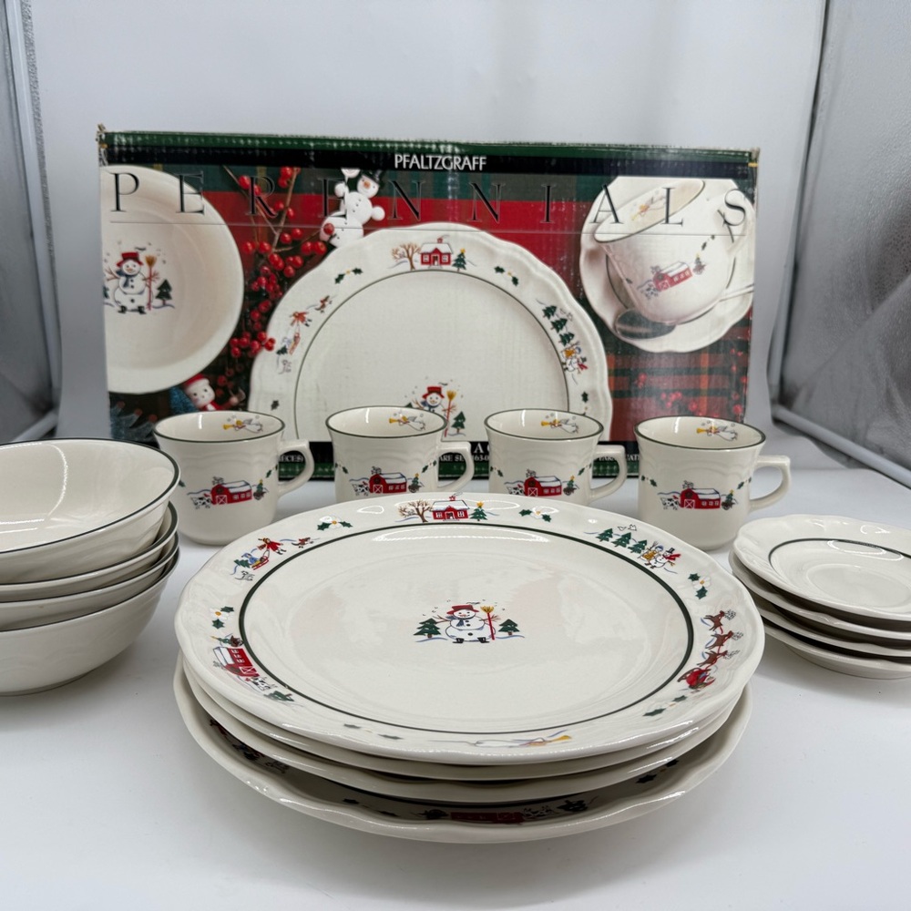 Pfaltzgraff Snow Village Dinnerware 16 piece Set - Cream with Festive Design